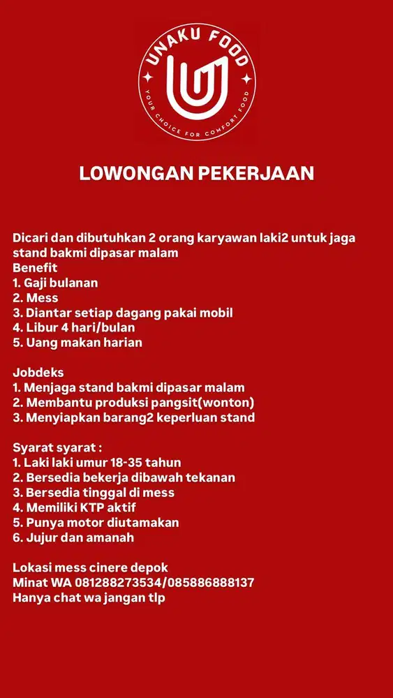 LOKER - KARYAWAN LAKI-LAKI STAND BAKMI PASAR MALAM