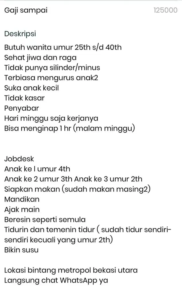 Lowongan pengasuh anak hr minggu