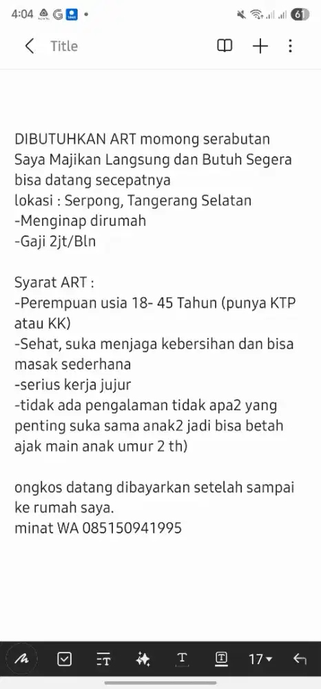 Butuh ART momong bayi dan masak