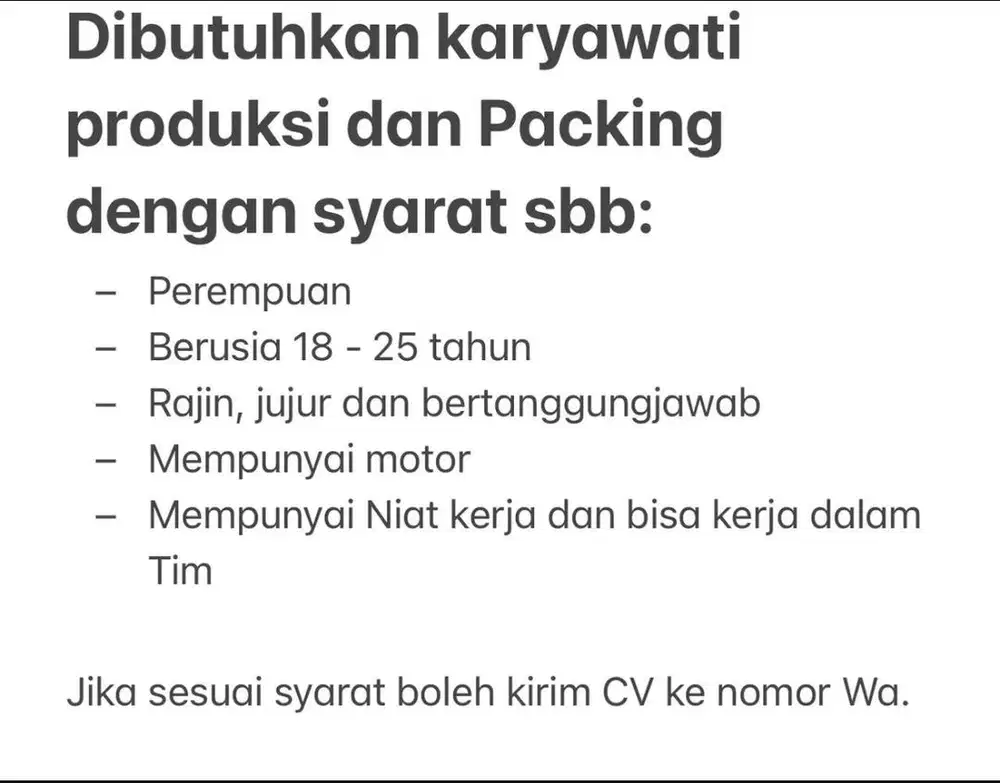 DIBUTUHKAN KARYAWATI PACKING DAN PRODUKSI