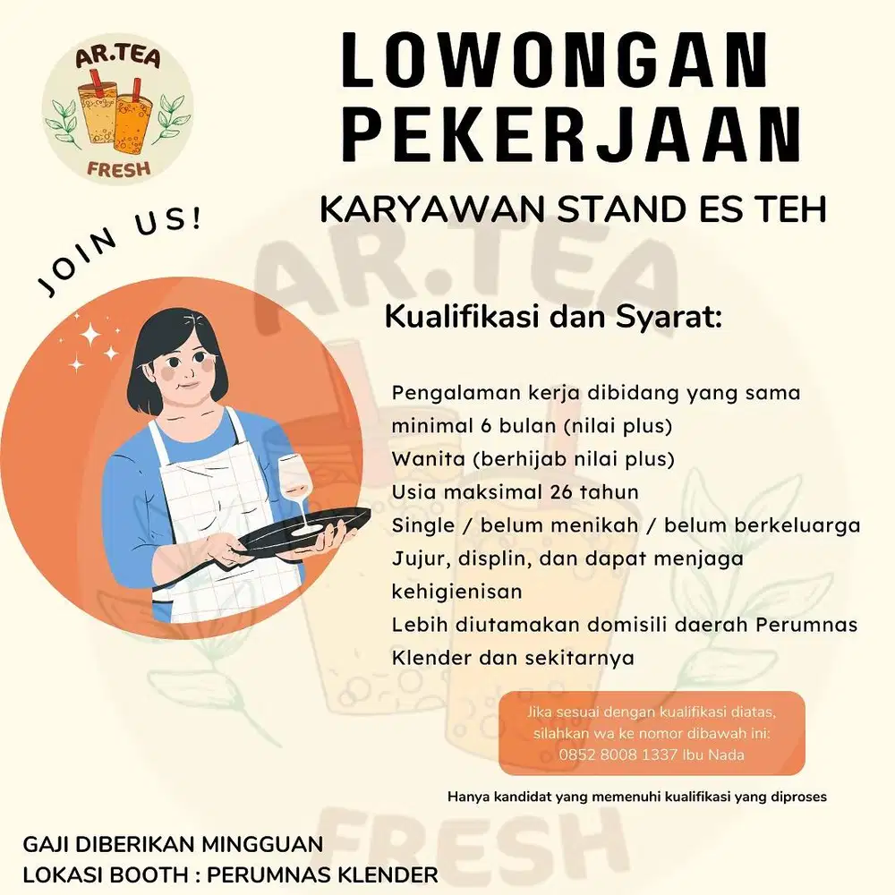 LOWONGAN KERJA - JAGA STAND ES TEH (KHUSUS PEREMPUAN)