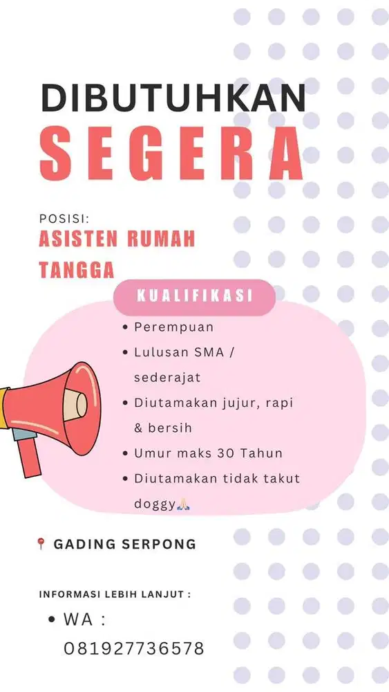 DICARI ASISTEN RUMAH TANGGA