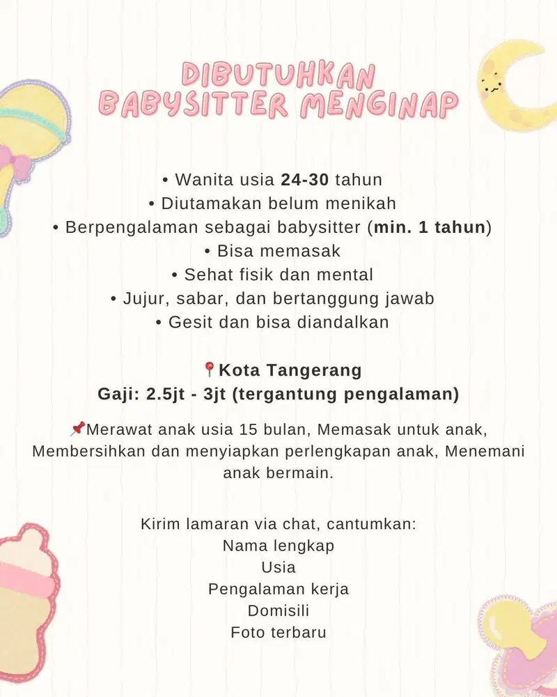 Dibutuhkan Babysitter Menginap Anak 1thn