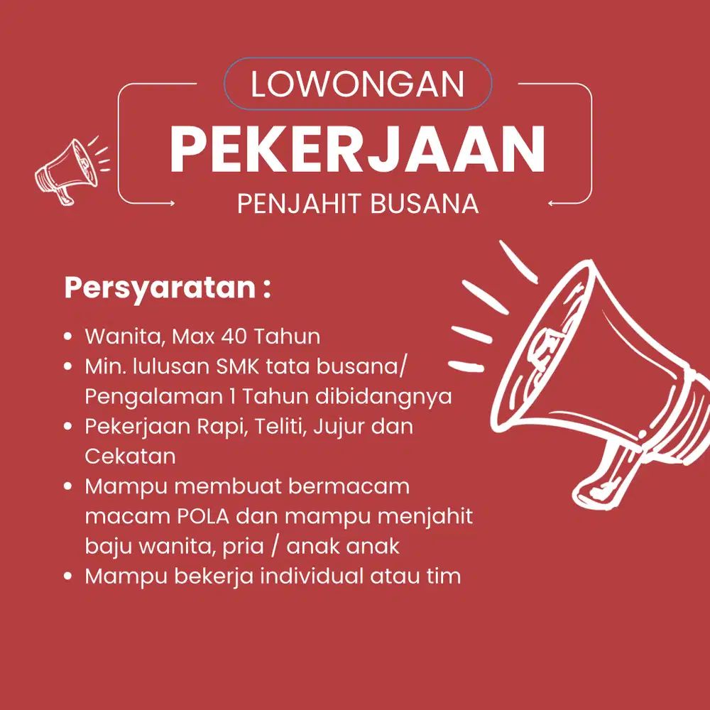 LOWONGAN PEKERJAAN PENJAHIT BUSANA
