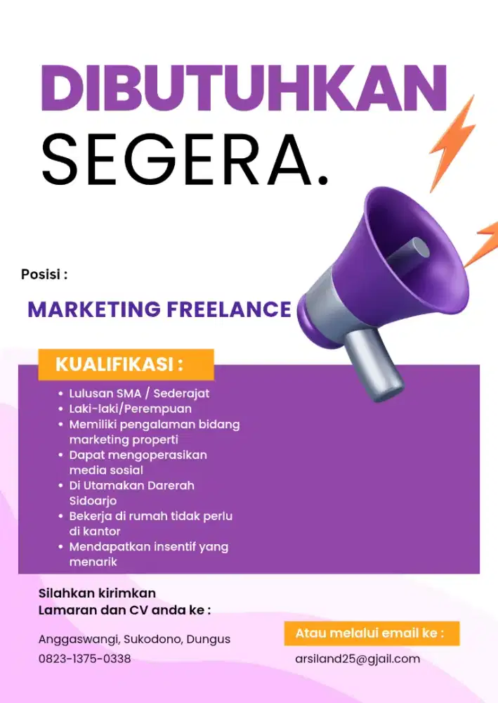 Di butuhkan segera marketing freelance
