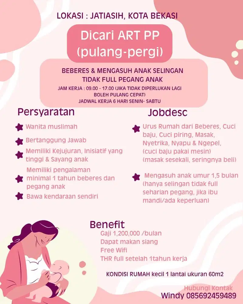 Dicari ART Asisten Rumah Tangga Pulang Pergi