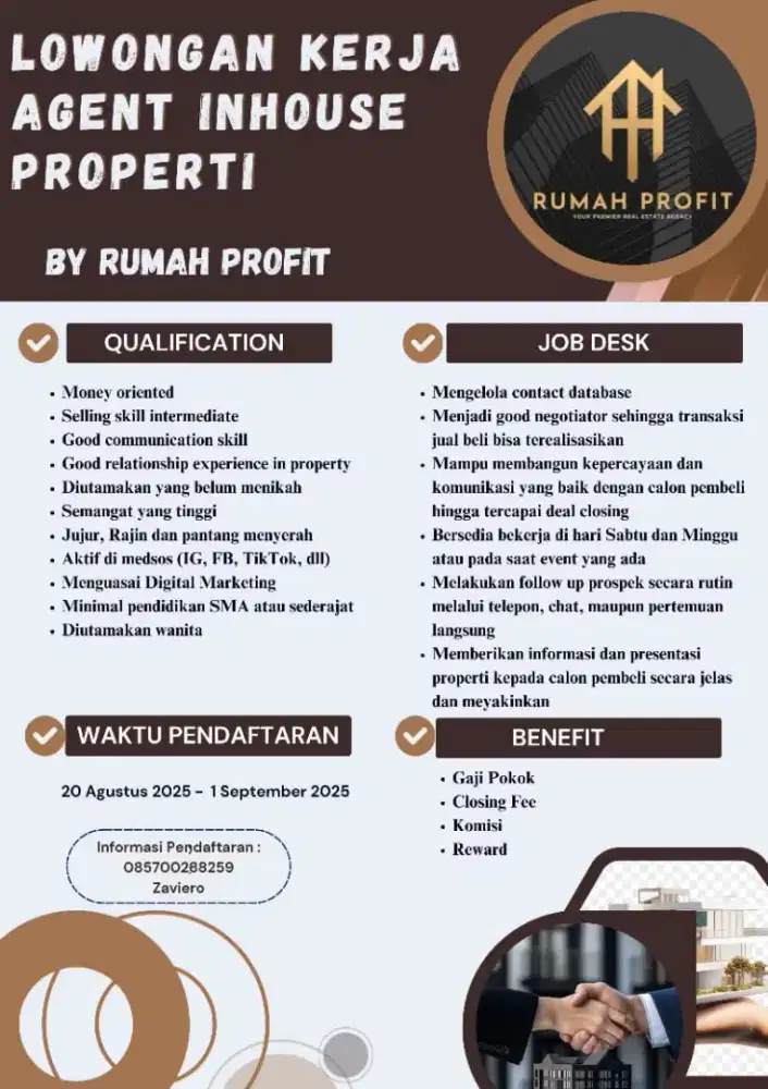 Dibutuhkan segera marketing agent in-house properti