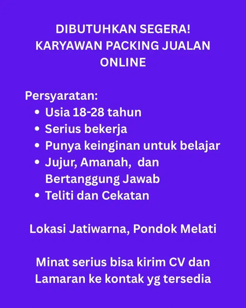 Dibutuhkan Karyawan Packing Jualan Online