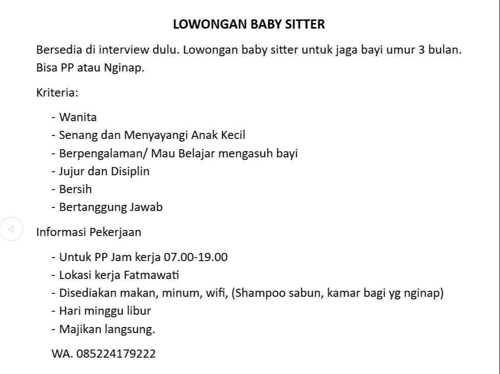 DIBUTUHKAN SECEPATNYA BABY SITTER