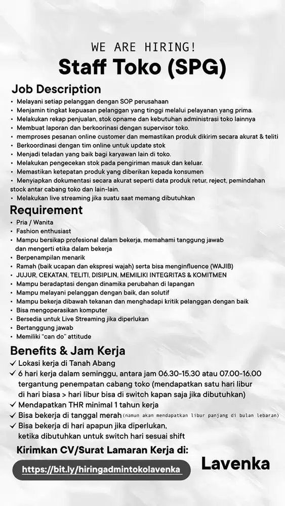 DIBUTUHKAN STAFF TOKO & ADMIN METRO TANAH ABANG (Sales Assistant)