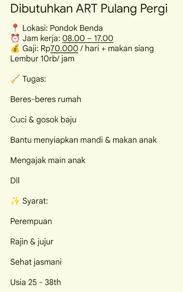 Dibutuhkan art pulang pergi utk beberes dan momong
