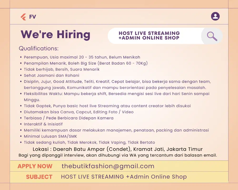 Lowongan Host Live Streaming dan Admin Online Shop