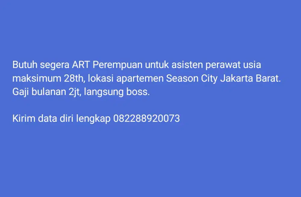 Lowongan ART di Apartemen Season City Jakarta Barat