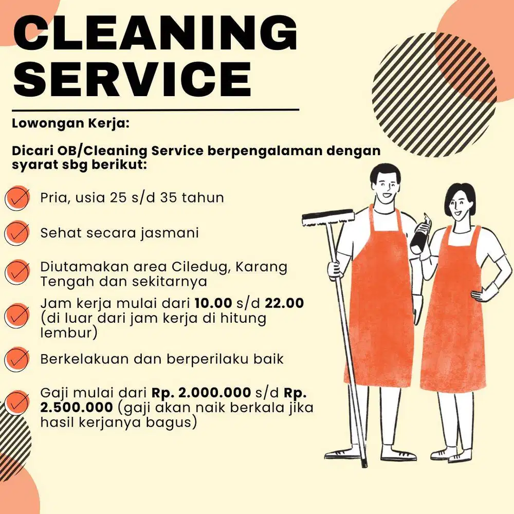 Dibutuhkan OB/Cleaning Service Berpengalaman