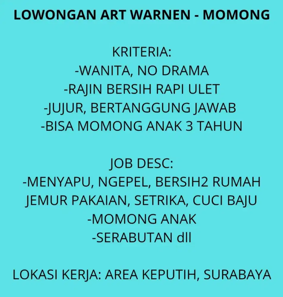 ASISTEN RUMAH TANGGA ART WARNEN KEPUTIH SURABAYA