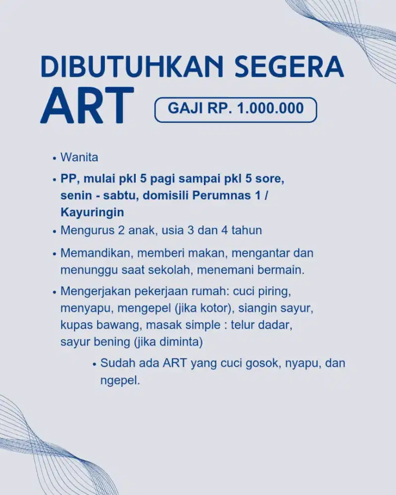 Dibutuhkan Asisten Rumah Tangga