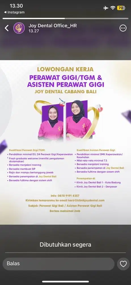 Lowongan Asisten Perawat Gigi