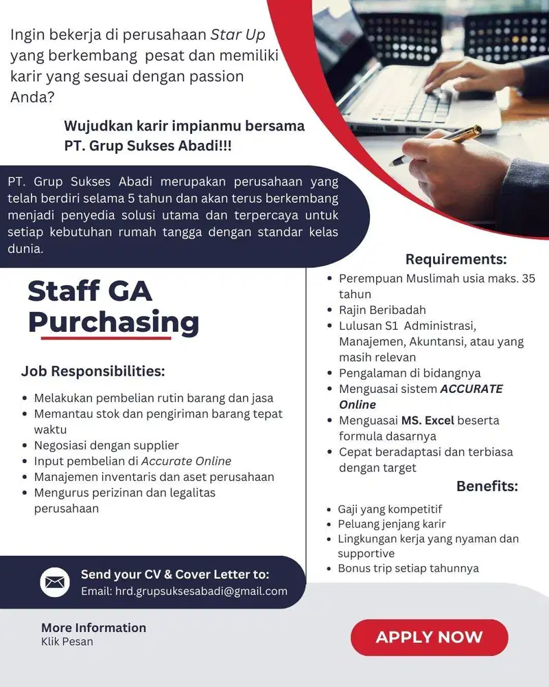 Dicari Secepatnya Admin Purchasing dan Admin Office