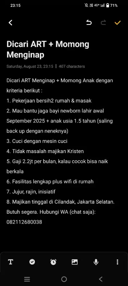 Dicari ART + Momong Menginap