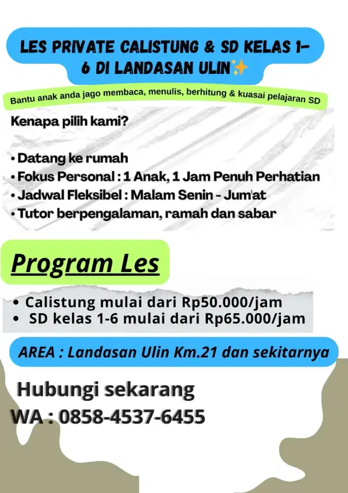 Les Private Calistung dan SD Kelas 1-6