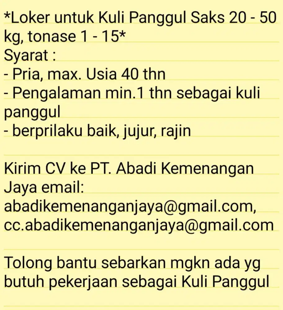 Loker Kuli Panggul Gudang