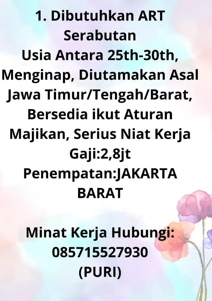 Gratis!!Butuh ART Momong&Serabutan