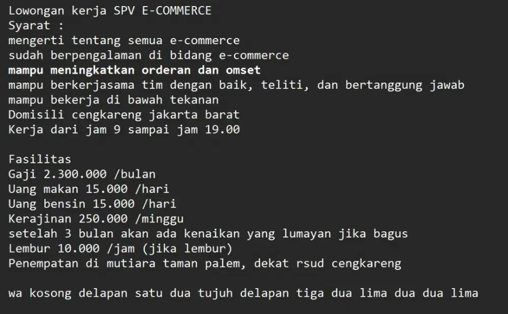 LOWONGAN KERJA SPV ECOMMERCE