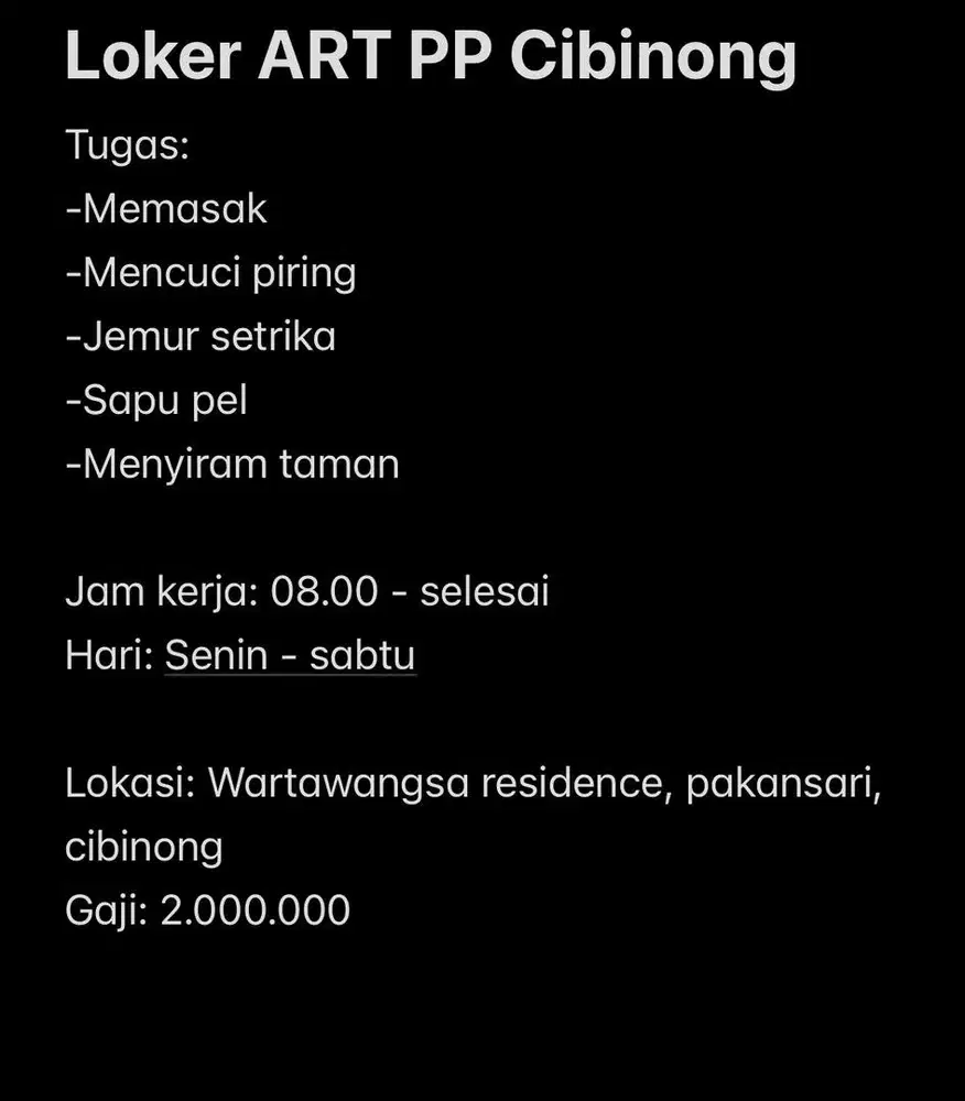 Dicari ART pulang pergi Cibinong