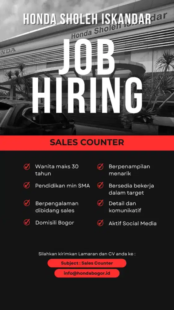 Dibutuhkan Sales Counter Dealer Honda