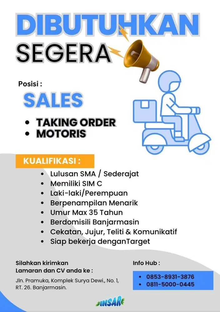 Dibuka lowongan pekerjaan SALES : Taking Order dan Motoris