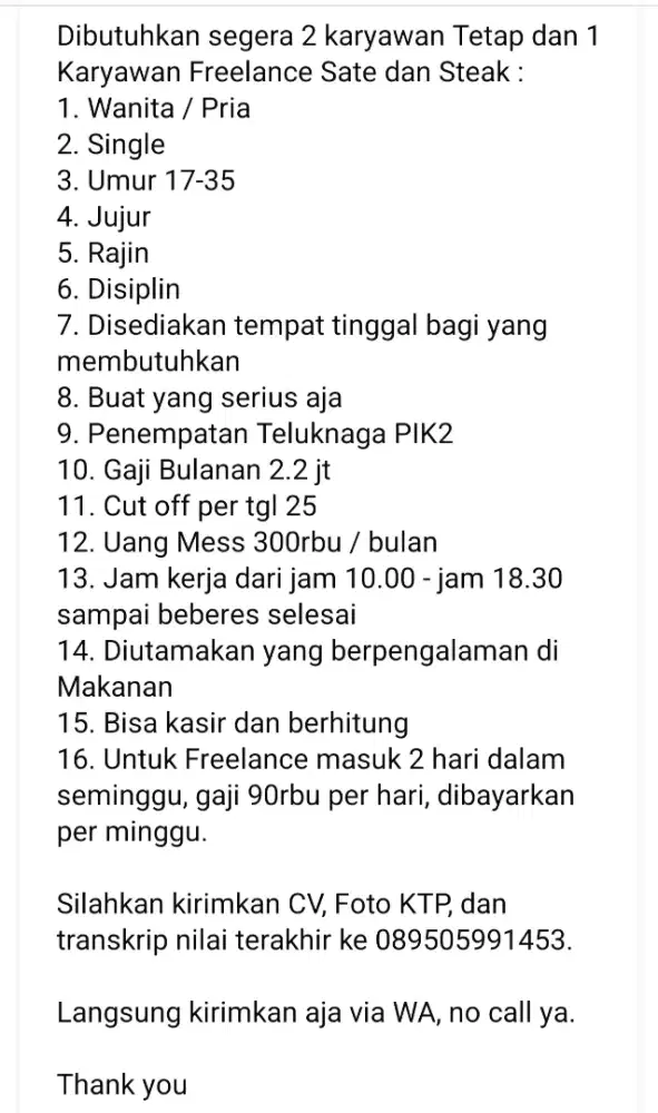 Lowongan Kerja Toko Sate dan Steak PIK2