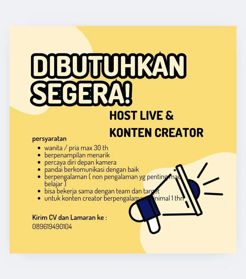 Di butuhkan segera !!! host live & konten creator