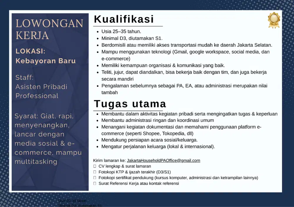 Lowongan: Asisten Pribadi (Kebayoran Baru), Rp 7,5–9 Juta