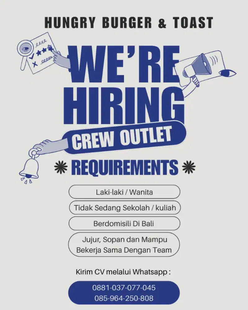 DiCari Pria/Wanita Crew Outlet Hungry Burger & Toast - Dalung Bali
