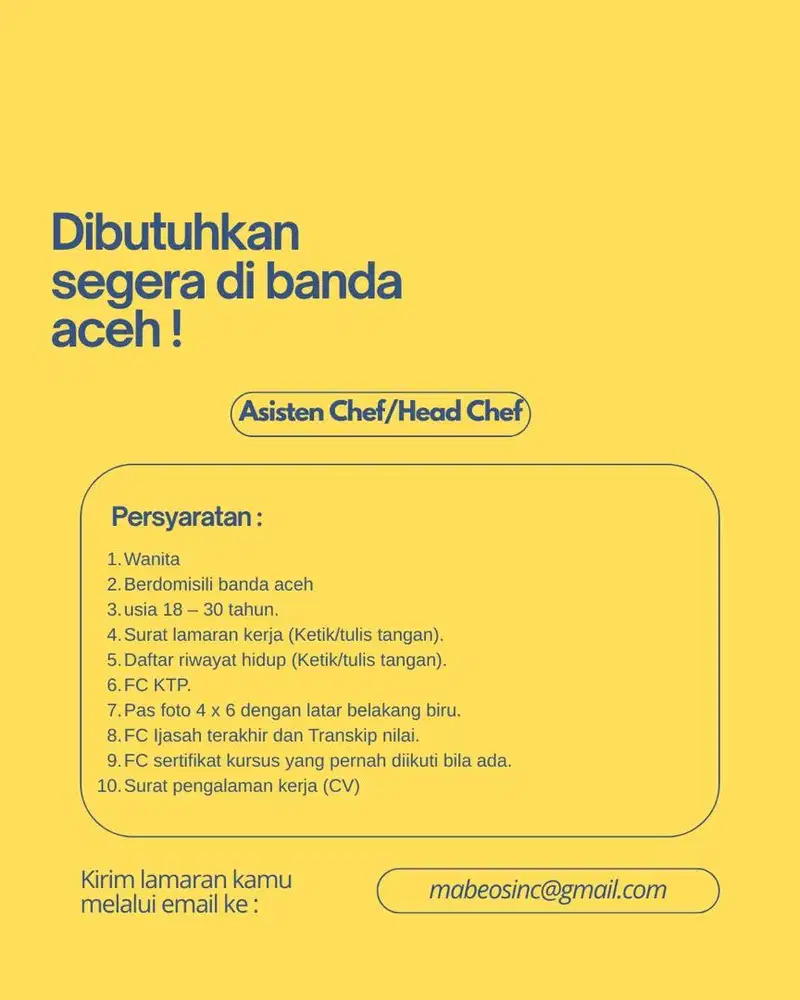 Lowongan Chef dan Asst Chef