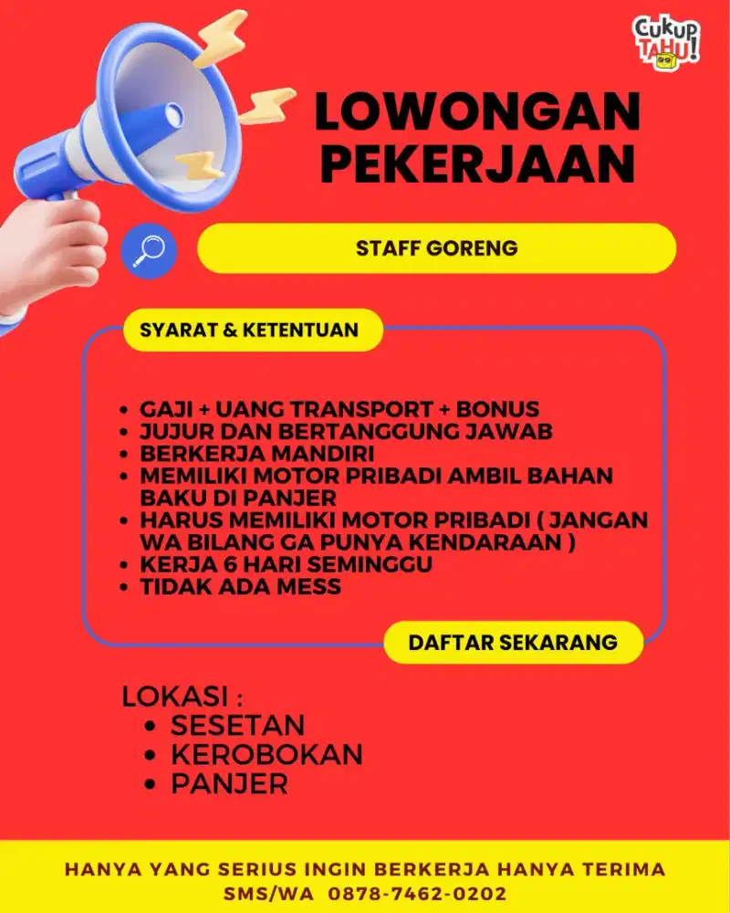 DIBUTUHKAN SEGERA STAFF MENGGORENG DAN BERJUALAN