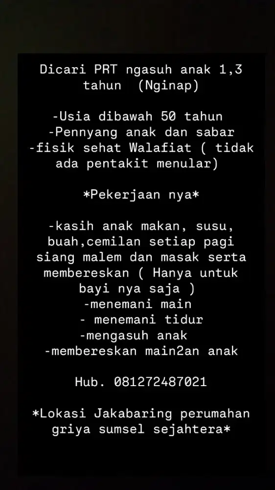 dicara PRT mengasuh anak usia 1 , 3 tahun