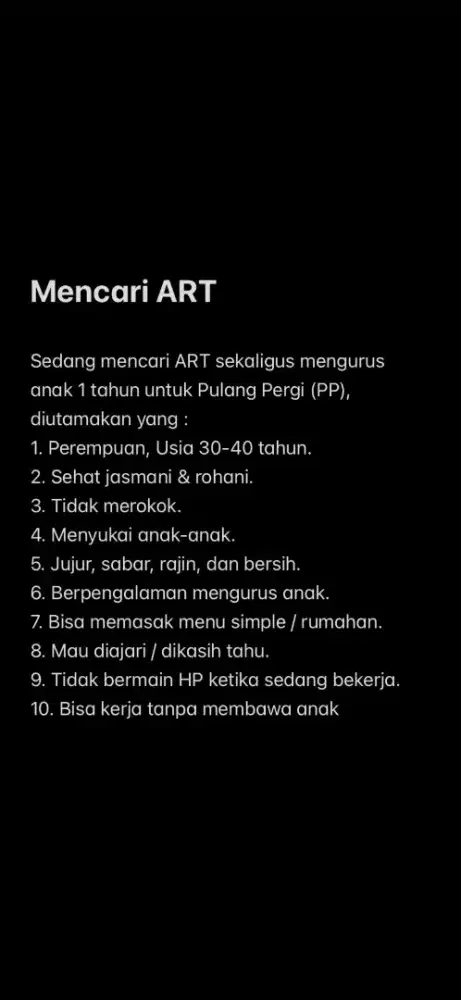 DIBUTUHKAN ASISTEN RUMAH TANGGA (ART) PULANG PERGI