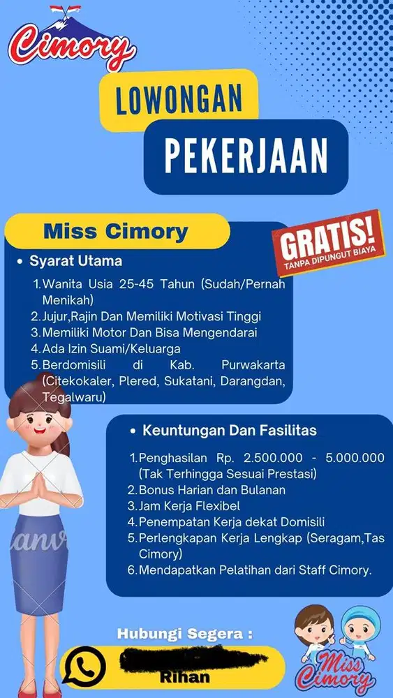 Lowongan kerja MISS CIMORY (Sales Wanita)