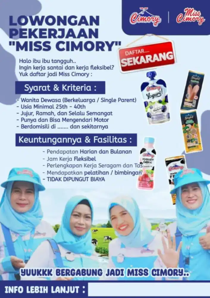 DI BUTUHKAN SALES MISS CIMORY 2 ORANG LAGI!!