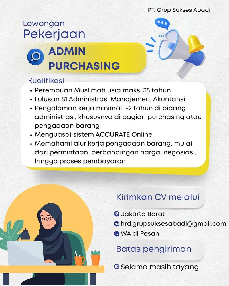 Dicari Secepatnya Admin Purchasing dan Admin Office