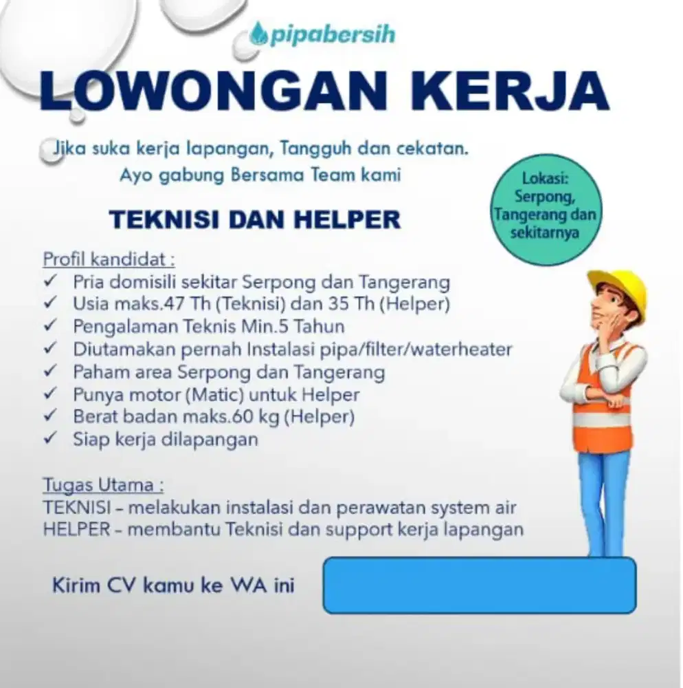 Dibutuhkan Segera Teknisi dan Helper