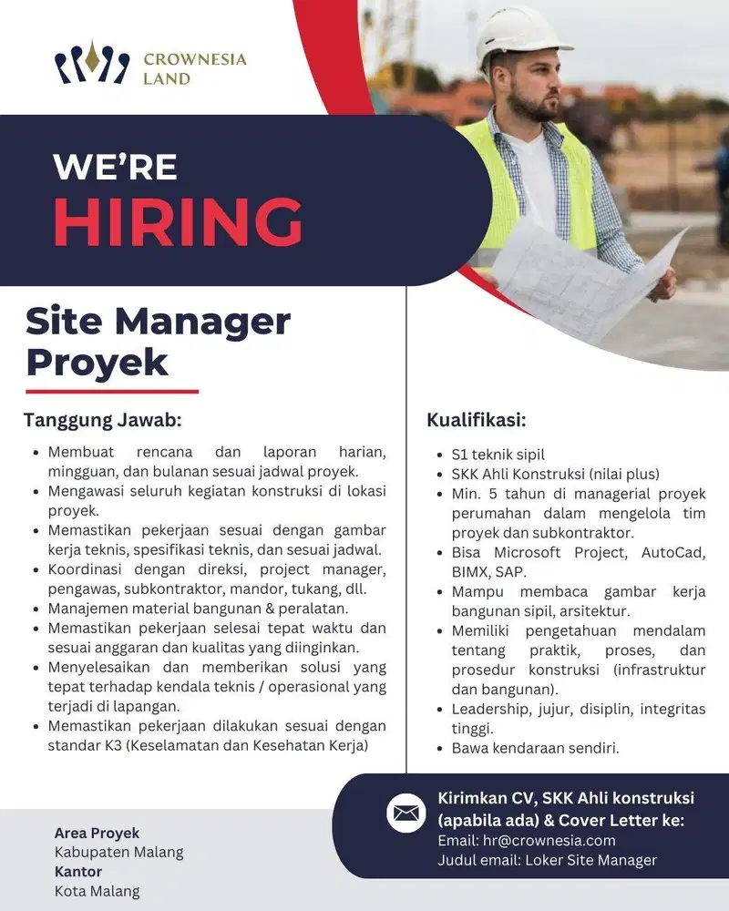 Lowongan Kerja Loker Site Manager Proyek Konstruksi Malang Jawa Timur