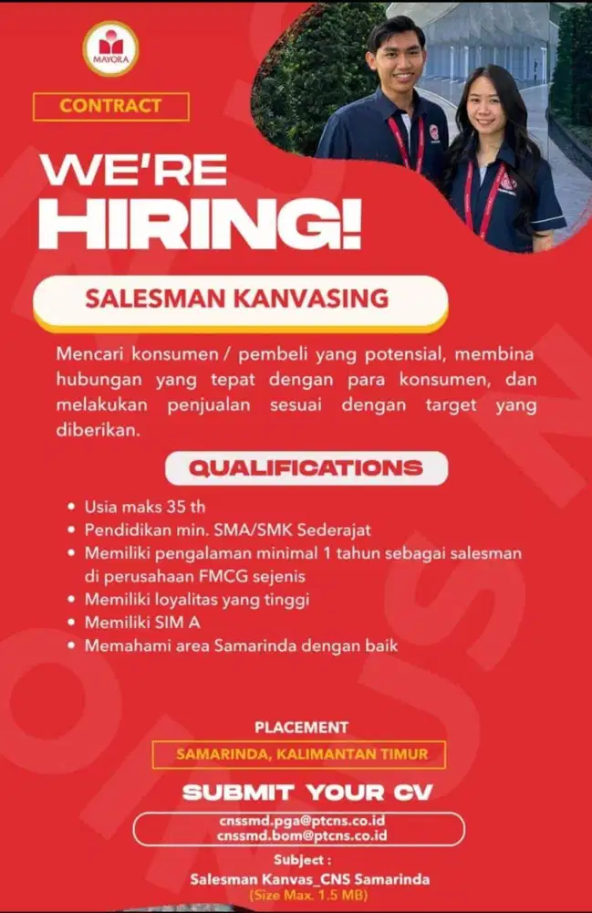 LOWONGAN KERJA SALESMAN KANVAS LUAR KOTA DAN DRIVER