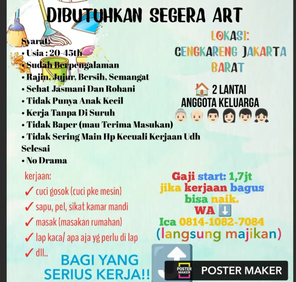 Dicari asisten rumah tangga tinggal dalam