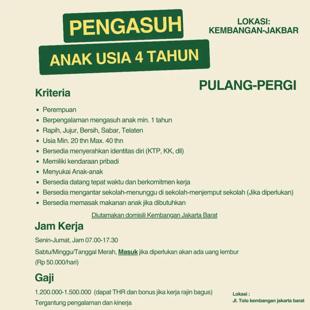 DIBUTUHKAN PENGASUH ANAK Pulang pergi