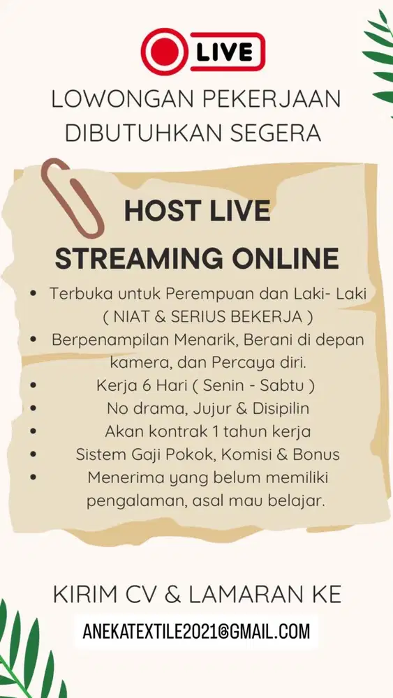 HIRING HOST LIVE, GAJI DAN BONUS KOMPETITIF