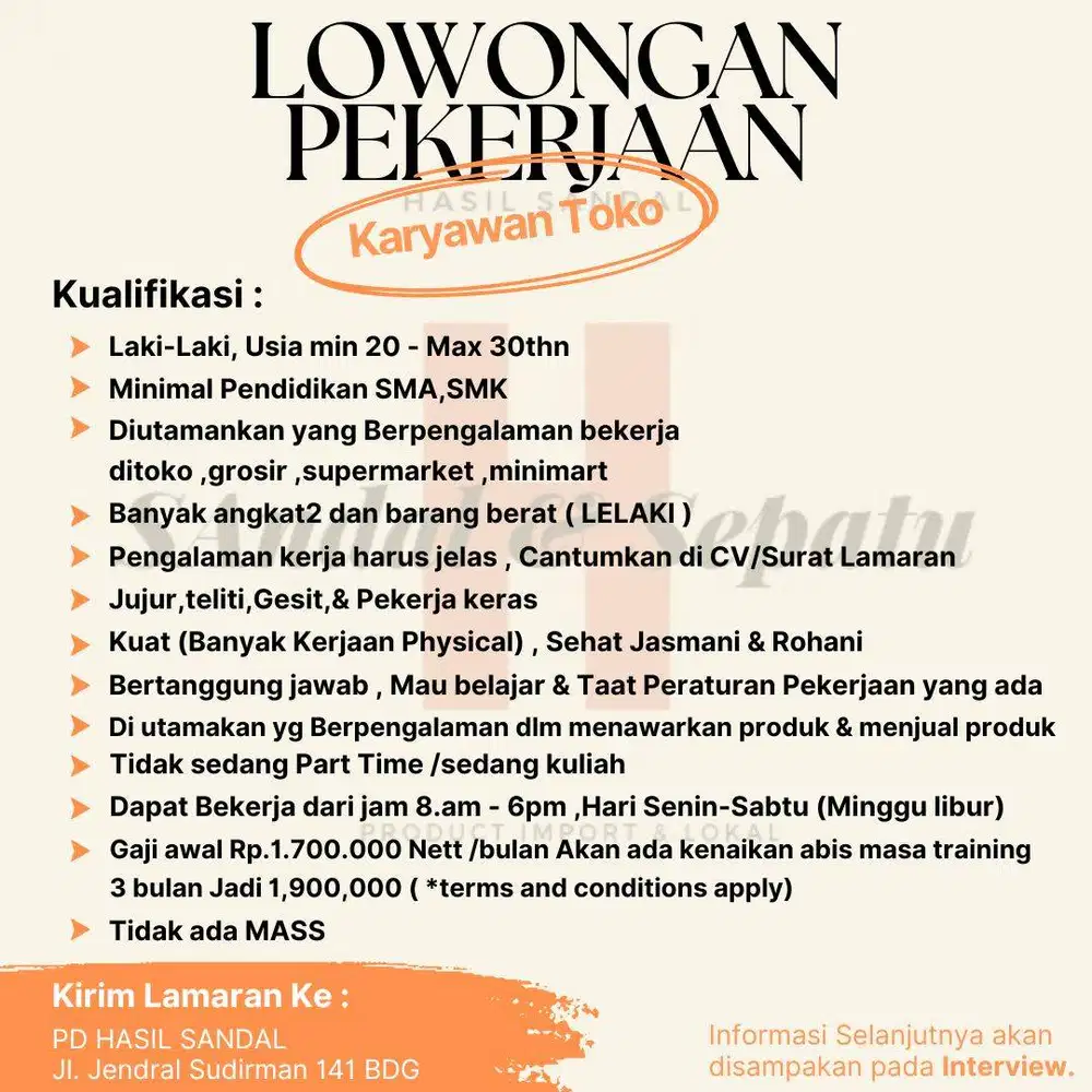 Loker Pramuniaga PD Hasil Sandal