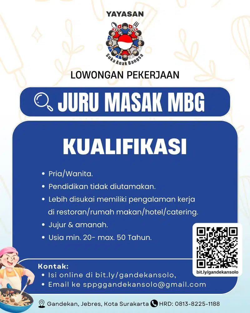 Lowongan juru masak / akuntan / ahli gizi