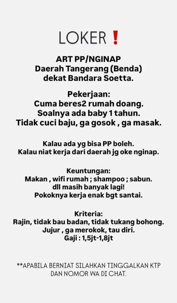 ART / ASISTEN RUMAH TANGGA/ PEMBANTU RUMAH TANGGA/